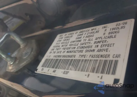 2006 Honda Accord 2.4 Vp from USA, damaged, VIN 1HGCM56186A094874